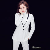White with Black Tuxedo Double Breasted Pantsuit - FashionByTeresa